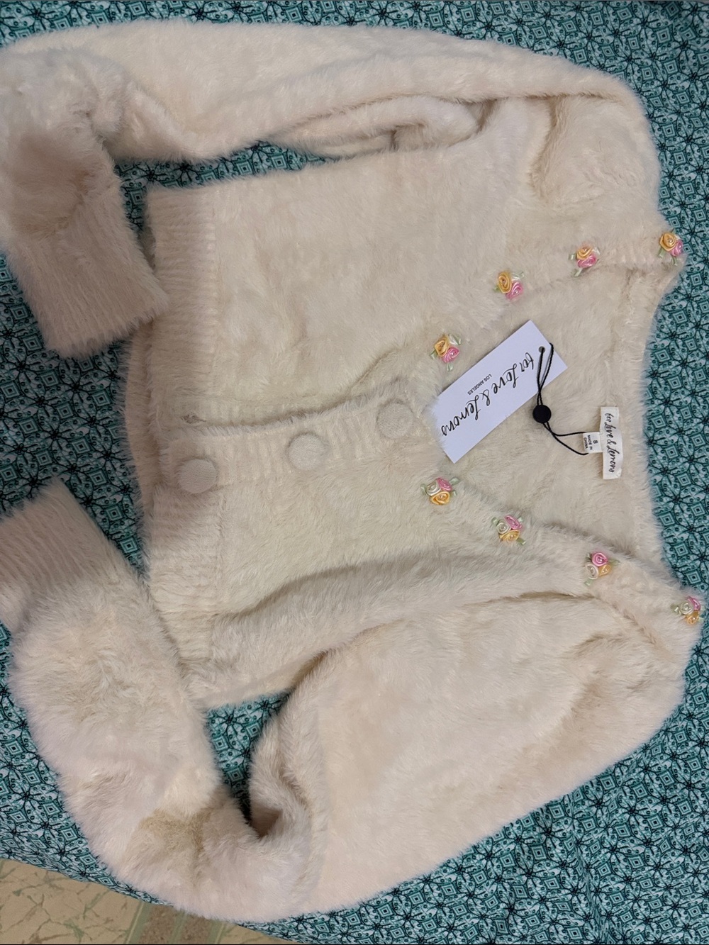 For Love & Lemons Cream Fuzzy Cropped Cardigan with Floral Buttons